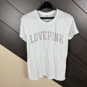 PINK Victoria's Secret Women's Love Pink Rhinestone Graphic Tee M White Rainbow